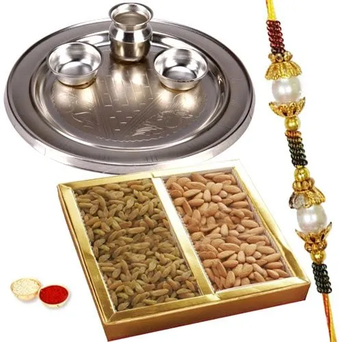 Silver Plated Rakhi Thali with One or More Rakhi Options with Dry Fruits