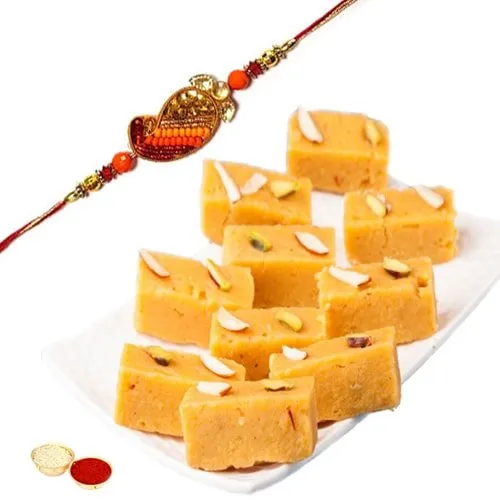 Scintillating Selection of 1 Rakhi with Yummy Mysore Pak of 500 gm