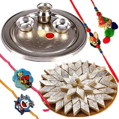 Irresistible Kaju Katli with One Bhaiya Bhabhi Rakhi Set and 2 Kids Rakhi in 1 Puja Thali