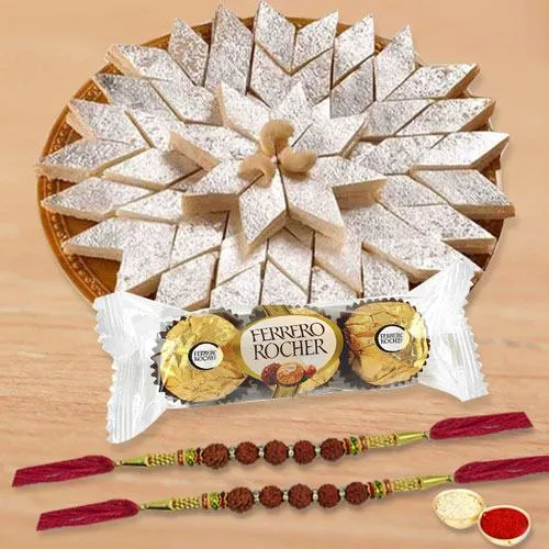 Kaju Katli with Ferrero Rocher N Rudraksha Rakhi