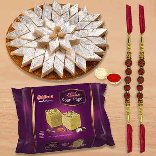 Rudraksha Rakhi with Haldirams Soan Papdi N Kaju Katli