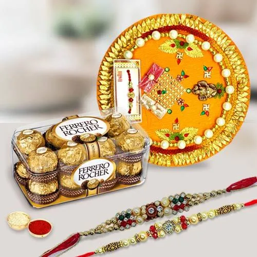 Ferrero Rocher with Silver Plated Pooja Thali with Twin Rakhi