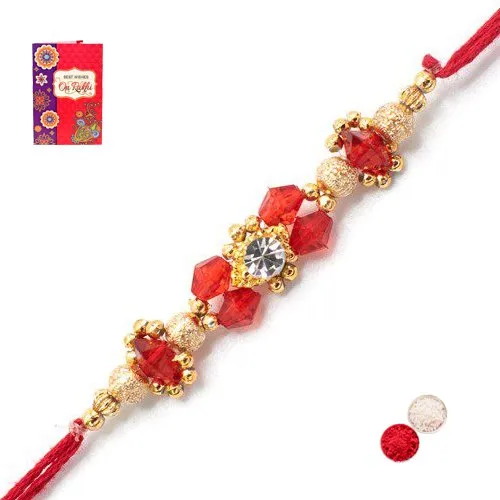 Ethnic Red Stone N Gold Bead Rakhi