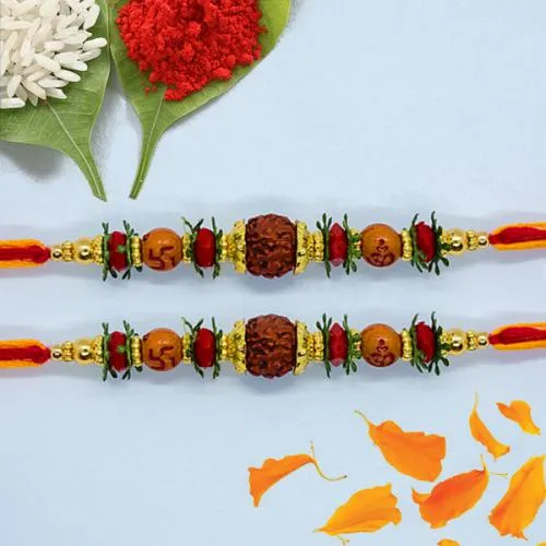 Attractive Rudraksha Rakhi Pair with Roli Chawal Tilak n Card