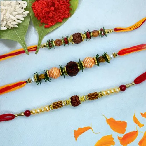 Exquisite 3 Rudraksha Rakhi Set with Roli Chawal Tika n Card