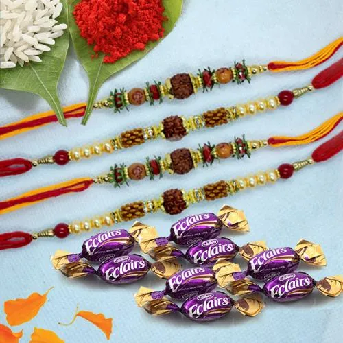 Classic Set of 4 Rudraksha Rakhis with 8 Chocolates