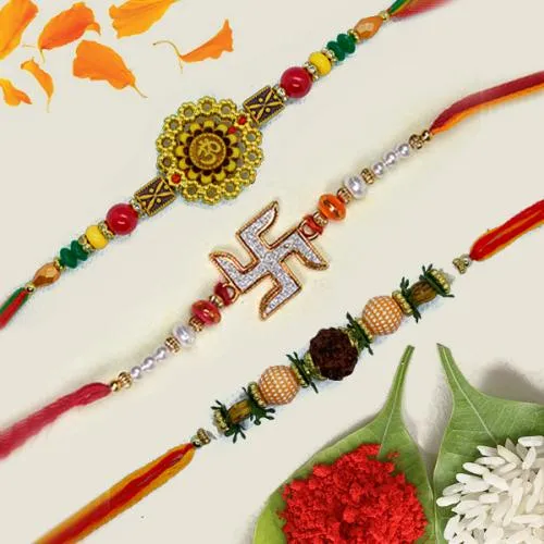 Auspicious Trio of OM, Swastik N Rudraksha Rakhi