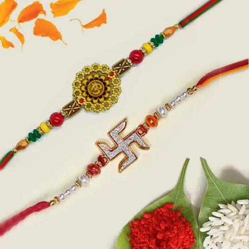 Designer Duo of OM n Swastik Rakhi with Card N Roli Tika