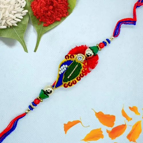 Elegant Zardosi Rakhi with Roli, Chawal n Card