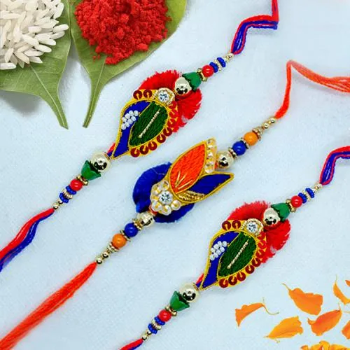 Astonishing Set of 3 Zardosi Rakhi with Roli, Chawal n Card
