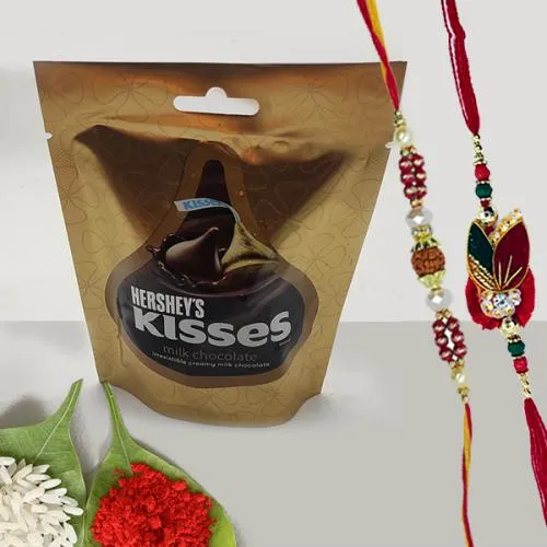 Exquisite Rakhi Pair with Hersheys Kisses Chocolates