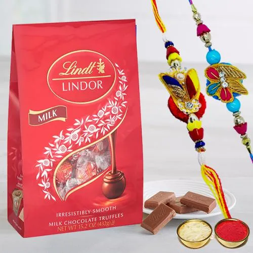Charming Pair of Rakhi with Lindt Chocolates, Free Roli Tika n Card