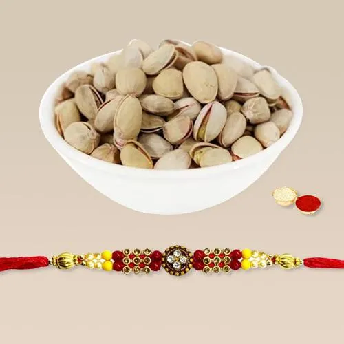 Dashing Rakhi with Crunchy Pistachio, Roli Tika n Rakhi Card
