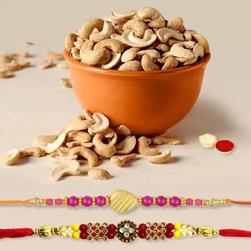 Classy Pair of Rakhis with Crunchy Cashews, Roli Tilak N Card