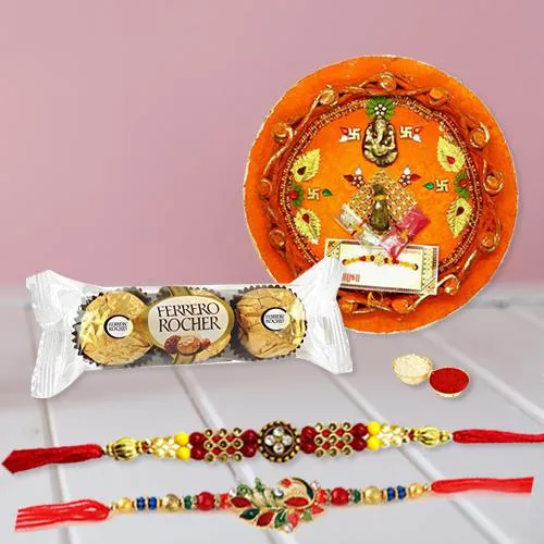 Classic Pair of Rakhi with Ferrero Rocher n Rakhi Thali