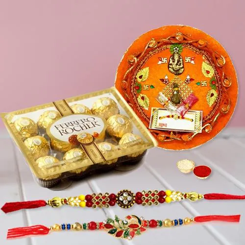 Decorative Puja Thali with Rakhi Pair N 12pc Ferrero Rocher