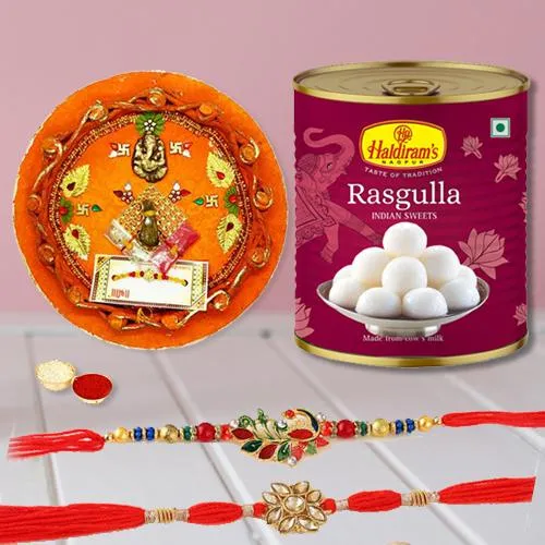 Exclusive Rakhi Set of 2 with Haldiram Rasgulla n Puja Thali